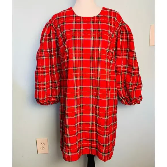 NWT J. Crew Puff Sleeve Dress in Good Tidings Plaid Size Medium - Picture 2 of 7